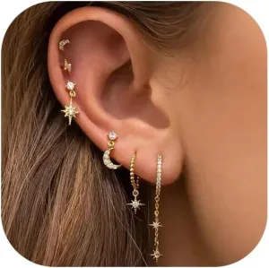 6 Pairs Gold Chain Earrings for Women, 14K Gold Plated Hoop Earrings Stack, Hypoallergenic Earring Sets for Multiple Piercing, Ear Cuffs Stud Huggie Hoop Dangle Chain Earring Pack for Women