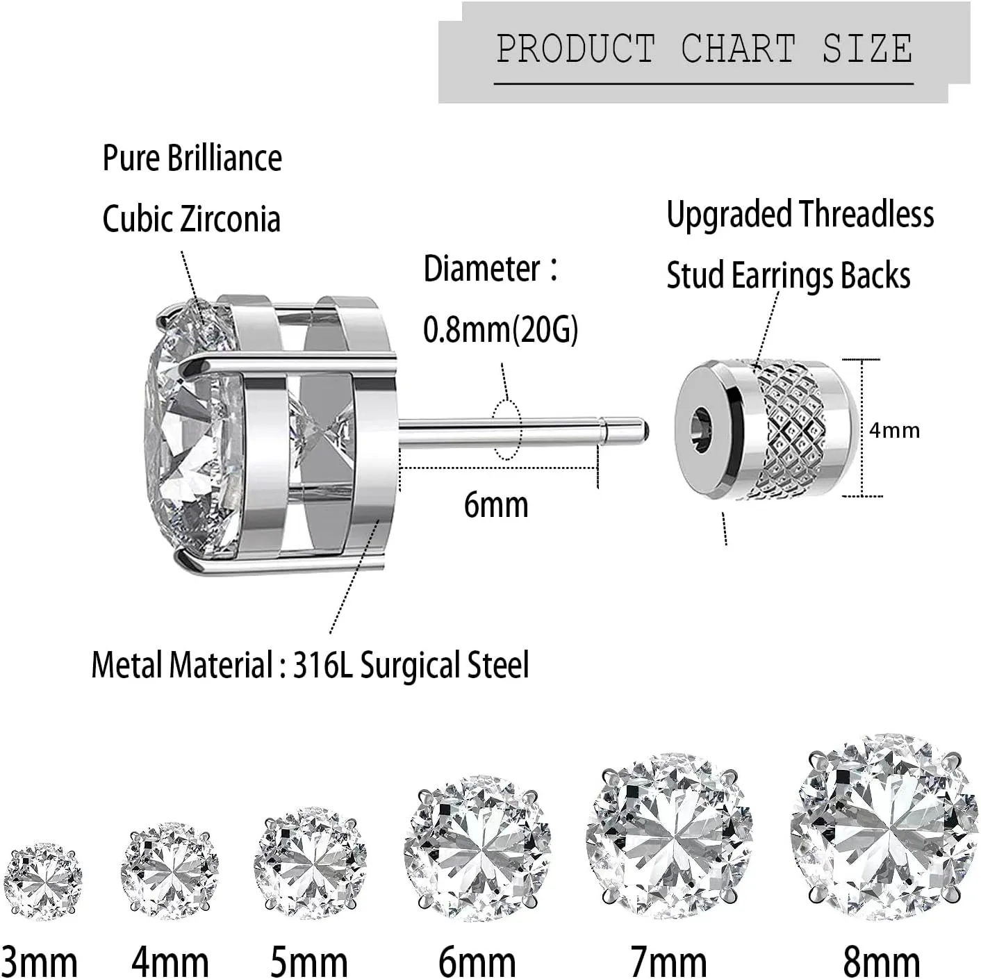 6 pairs Push-in Flat Back Stud Earrings 14K Gold Plated Simulated Diamond Round Cubic Zirconia Earrings Studs Set Hypoallergenic CZ Stud Earrings for Women men