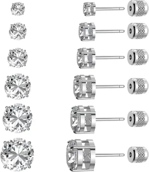 6 pairs Push-in Flat Back Stud Earrings 14K Gold Plated Simulated Diamond Round Cubic Zirconia Earrings Studs Set Hypoallergenic CZ Stud Earrings for Women men