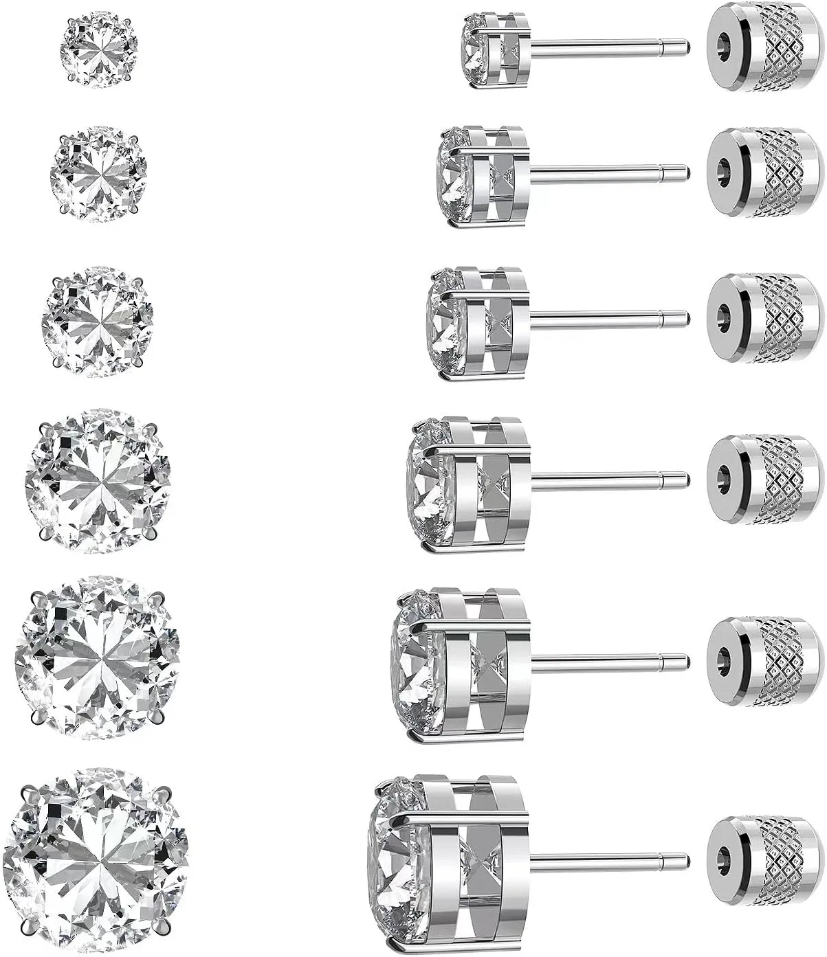 6 pairs Push-in Flat Back Stud Earrings 14K Gold Plated Simulated Diamond Round Cubic Zirconia Earrings Studs Set Hypoallergenic CZ Stud Earrings for Women men