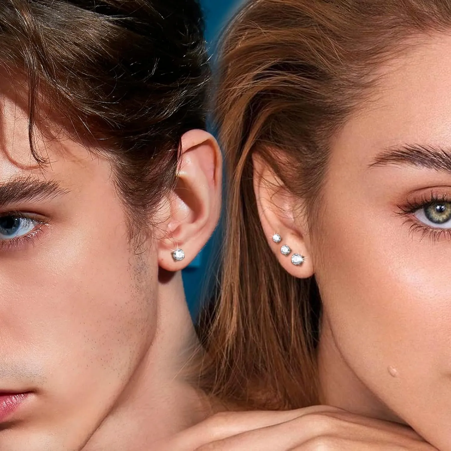 6 pairs Push-in Flat Back Stud Earrings 14K Gold Plated Simulated Diamond Round Cubic Zirconia Earrings Studs Set Hypoallergenic CZ Stud Earrings for Women men