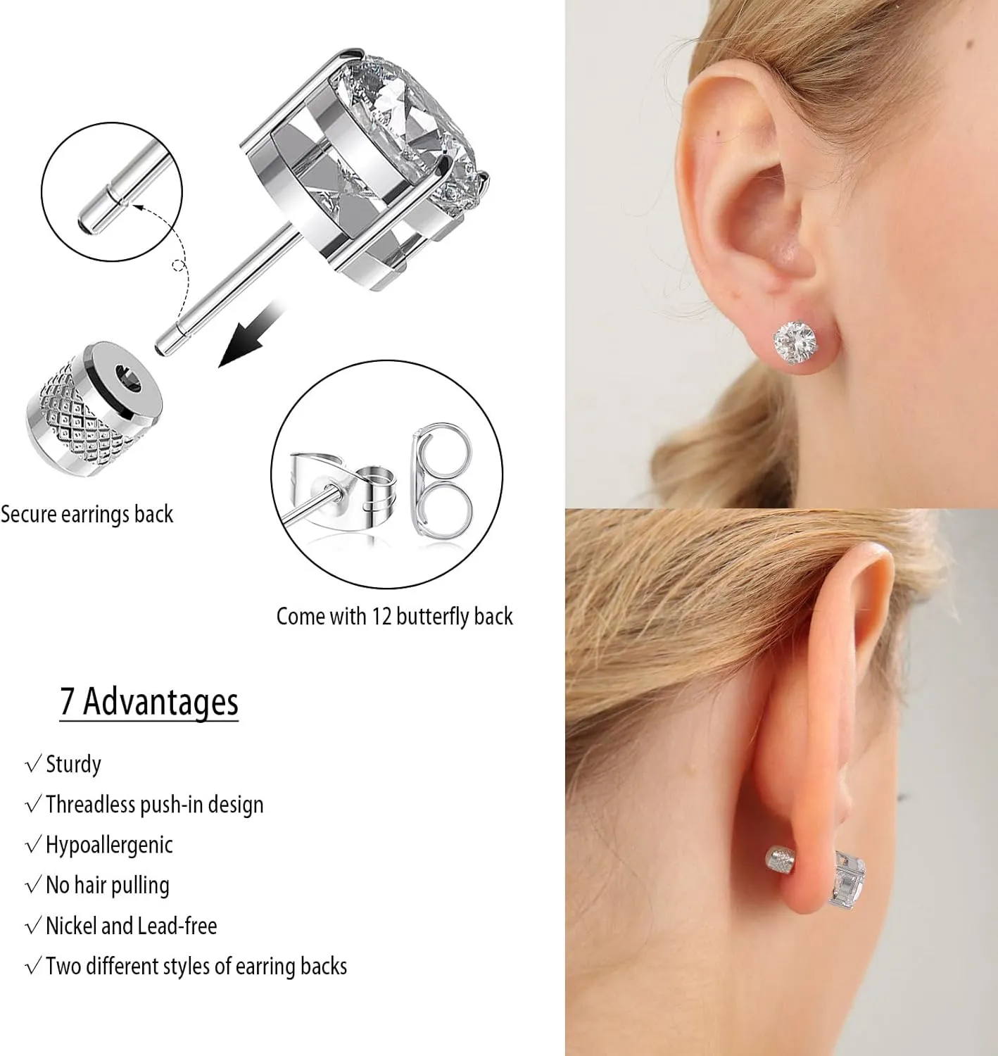 6 pairs Push-in Flat Back Stud Earrings 14K Gold Plated Simulated Diamond Round Cubic Zirconia Earrings Studs Set Hypoallergenic CZ Stud Earrings for Women men