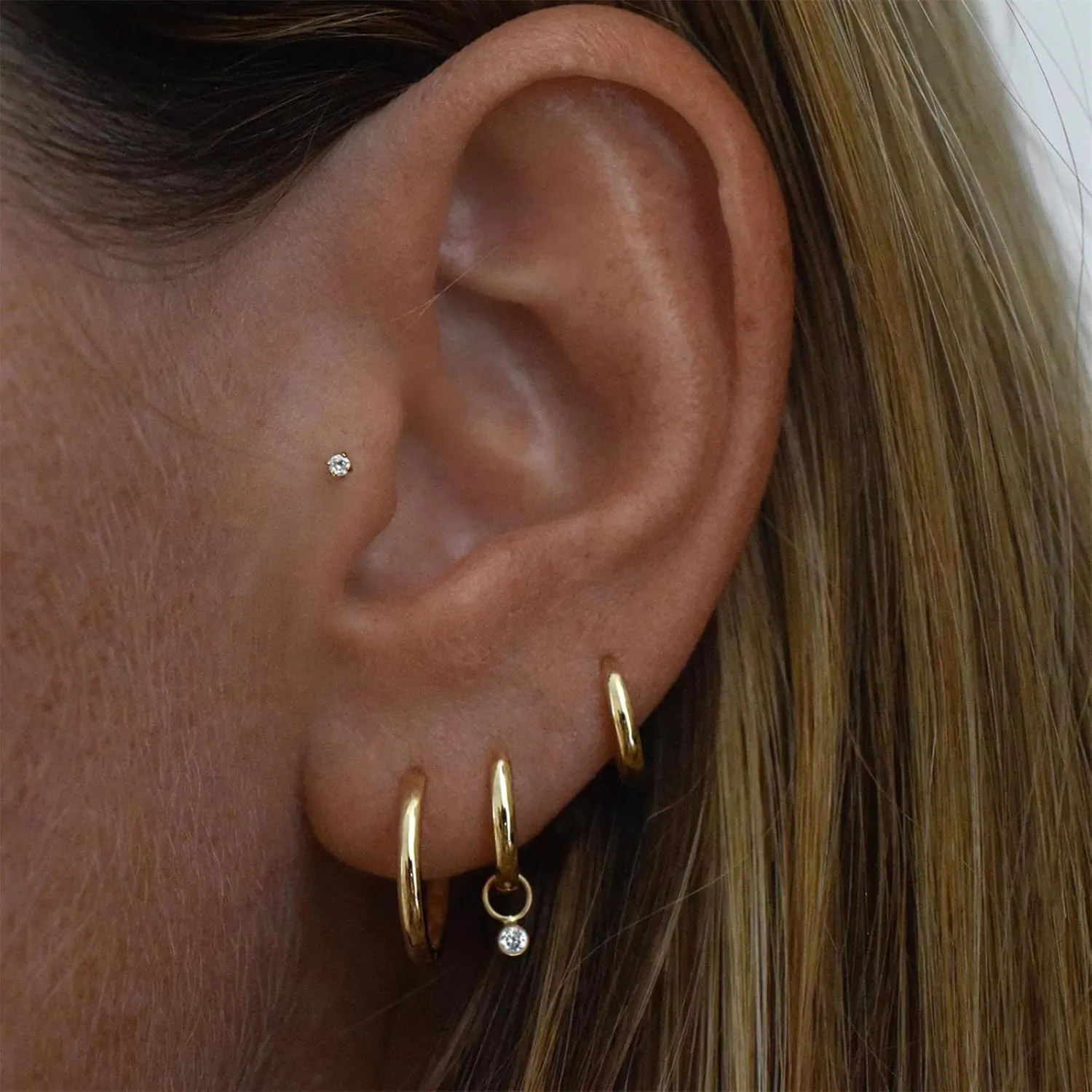 6 Pairs Women Earring Sets for Multiple Piercing,14K Gold Plated Dainty Small Hoop Huggie Earrings, Lightweight Cartilage Earrings,Silver Tiny Stud Earrings CZ Flat Back Earrings for Helix Hypoallergenic