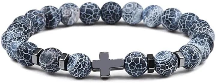 6mm 8mm Women Men Prayer Beaded Bracelet Hematite Cross Natural Wood Beads Lava Stone Onyx Meditation Bracelets Yoga Jewelry RK69I (8mm Black weathered)