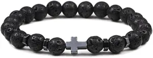 6mm 8mm Women Men Prayer Beaded Bracelet Hematite Cross Natural Wood Beads Lava Stone Onyx Meditation Bracelets Yoga Jewelry RK69I (8mm Lava stone)