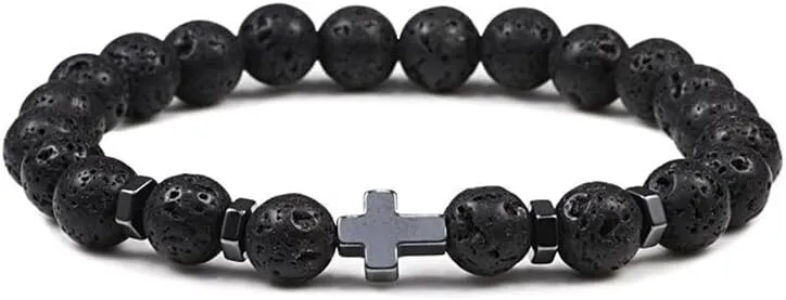 6mm 8mm Women Men Prayer Beaded Bracelet Hematite Cross Natural Wood Beads Lava Stone Onyx Meditation Bracelets Yoga Jewelry RK69I (8mm Lava stone)