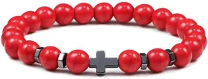 6mm 8mm Women Men Prayer Beaded Bracelet Hematite Cross Natural Wood Beads Lava Stone Onyx Meditation Bracelets Yoga Jewelry RK69I (8mm Red)