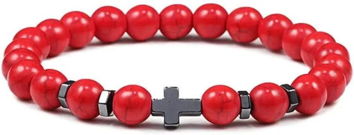 6mm 8mm Women Men Prayer Beaded Bracelet Hematite Cross Natural Wood Beads Lava Stone Onyx Meditation Bracelets Yoga Jewelry RK69I (8mm Red)
