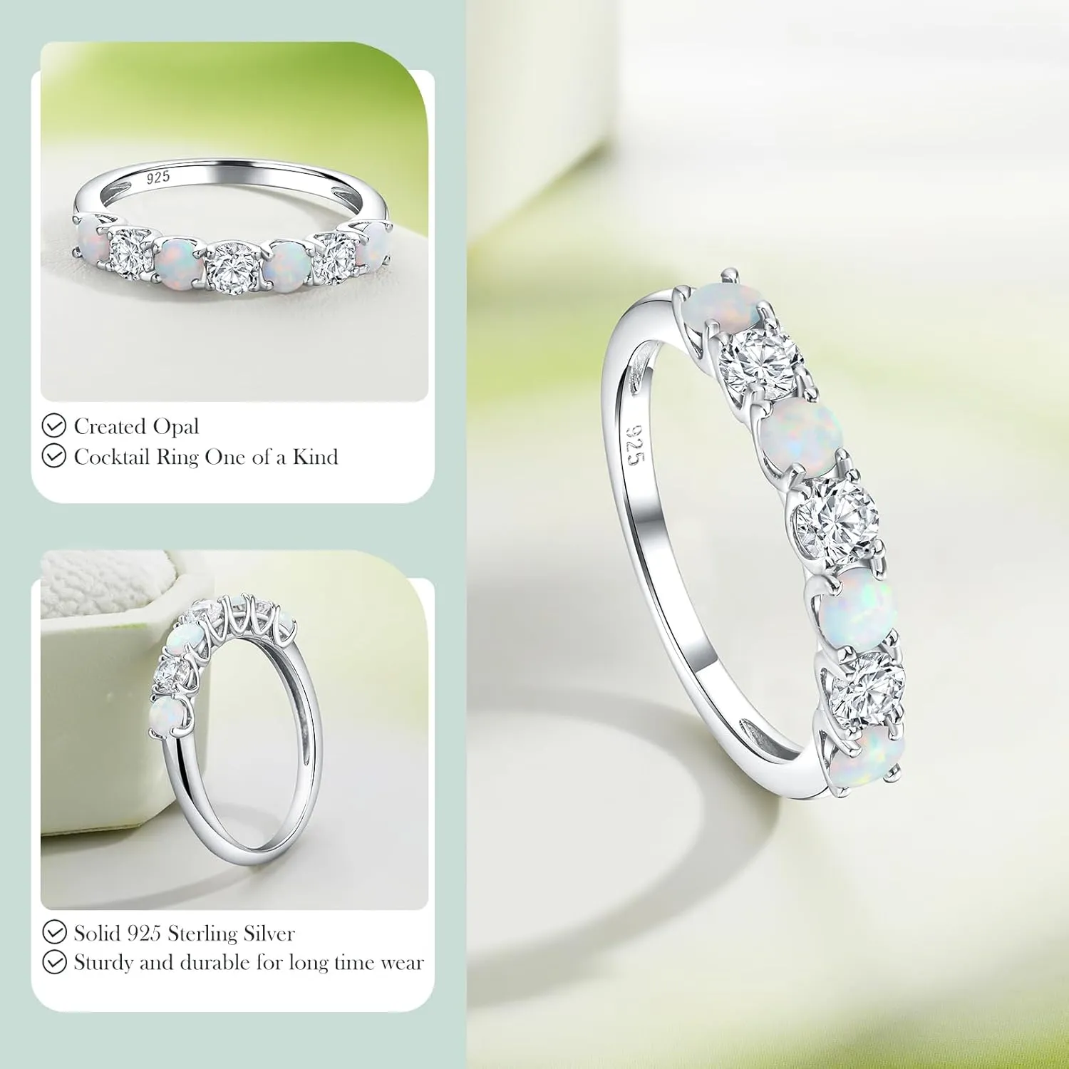 7 Stone Stackable Rings Sterling Silver Cubic Zirconia Birthstone Ring Half Eternity Band Rings for Women, Size 6 to 10, with Ring Box