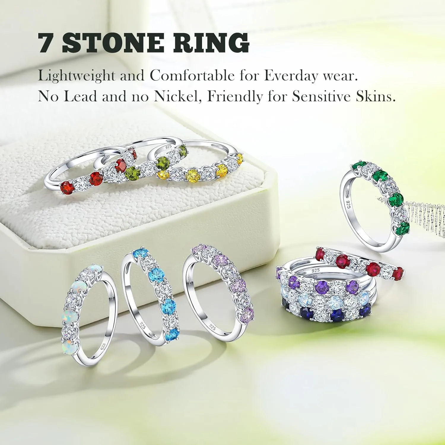 7 Stone Stackable Rings Sterling Silver Cubic Zirconia Birthstone Ring Half Eternity Band Rings for Women, Size 6 to 10, with Ring Box