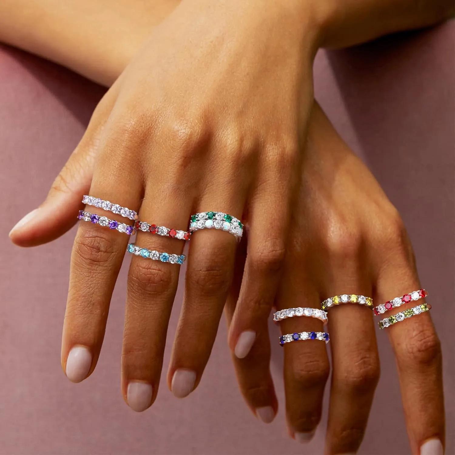7 Stone Stackable Rings Sterling Silver Cubic Zirconia Birthstone Ring Half Eternity Band Rings for Women, Size 6 to 10, with Ring Box