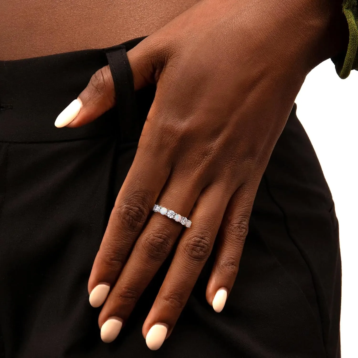 7 Stone Stackable Rings Sterling Silver Cubic Zirconia Birthstone Ring Half Eternity Band Rings for Women, Size 6 to 10, with Ring Box