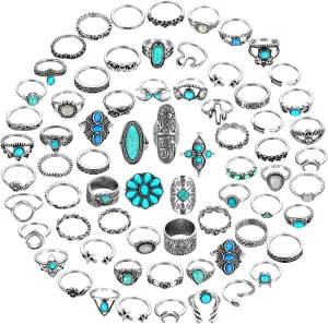 84 Pcs Vintage Turquoise Rings for Women Bohemian Silver Oval Gemstone Western Boho Stackable Joint Knuckle Midi Stacking Rings Set for Women Girls Gifts
