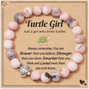 8mm Pink Zebra Natural Stone Sea Turtle Bracelets Healing Crystal Beaded Stretch Bracelets for Women Men Best Friend Friendship Inspirational Relaxation Jewelry Teacher Appreciation Gifts