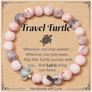 8mm Pink Zebra Natural Stone Sea Turtle Bracelets Healing Crystal Beaded Stretch Bracelets for Women Men Best Friend Friendship Inspirational Relaxation Jewelry Teacher Appreciation Gifts