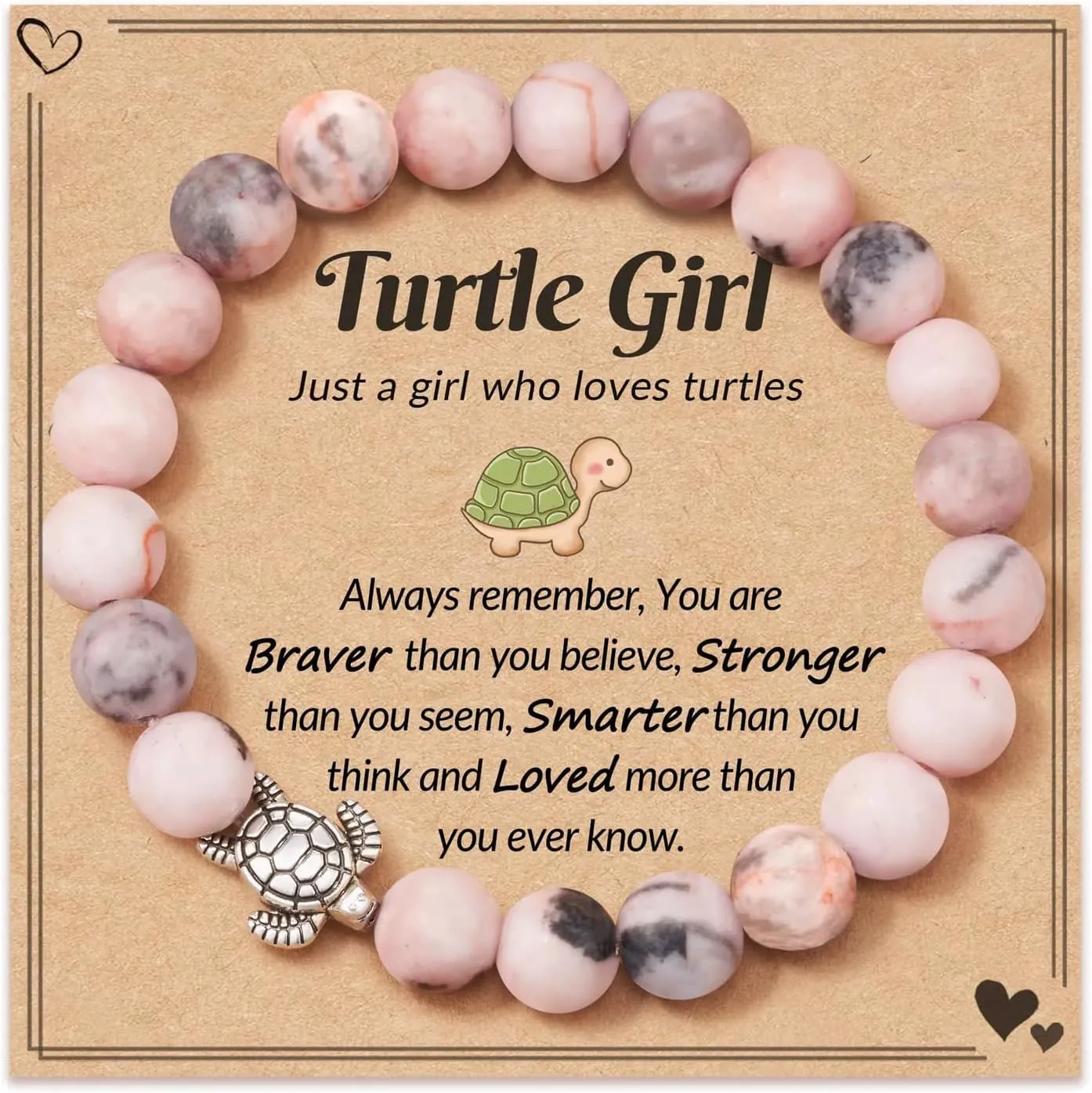 8mm Pink Zebra Natural Stone Sea Turtle Bracelets Healing Crystal Beaded Stretch Bracelets for Women Men Best Friend Friendship Inspirational Relaxation Jewelry Teacher Appreciation Gifts