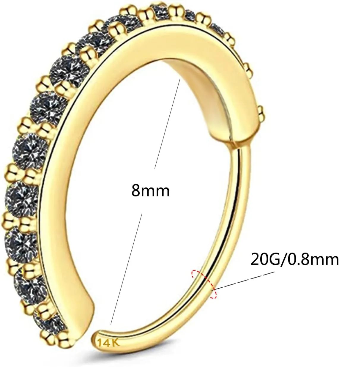 8mm Solid 14K Gold Nose Ring Hoop - 20G CZ Bendable Stud Jewelry for Women's Nose and Cartilage Piercings