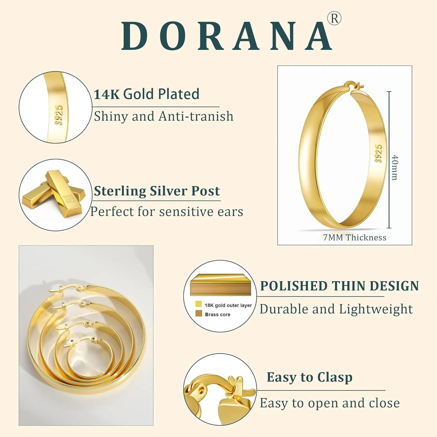 8mm Thick 925 Sterling Silver Hoops Earrings for Women 14K Real Gold Large Hoop Earrings Hypoallergenic and Lightweight Big Hoop Earrings for Women 20/30/40/50/60/70MM