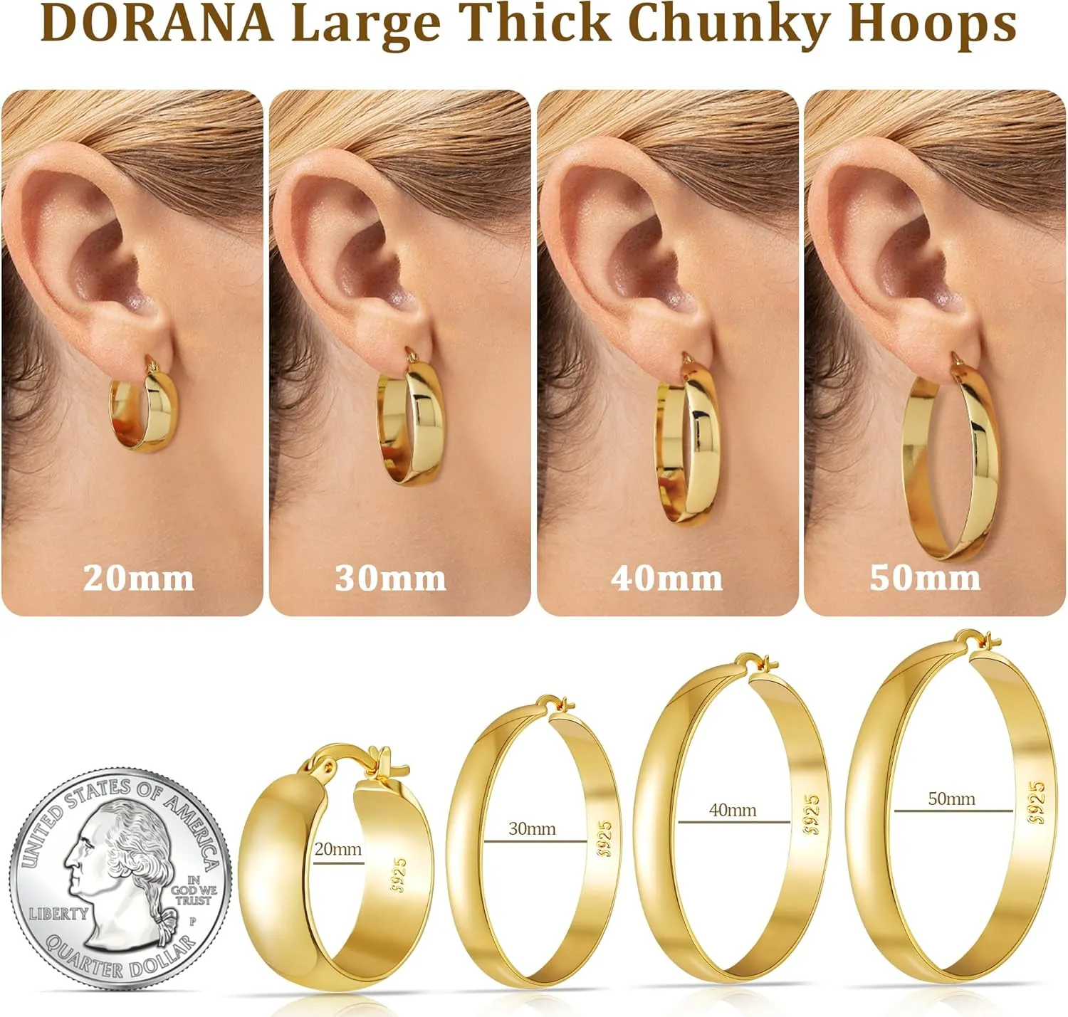 8mm Thick 925 Sterling Silver Hoops Earrings for Women 14K Real Gold Large Hoop Earrings Hypoallergenic and Lightweight Big Hoop Earrings for Women 20/30/40/50/60/70MM