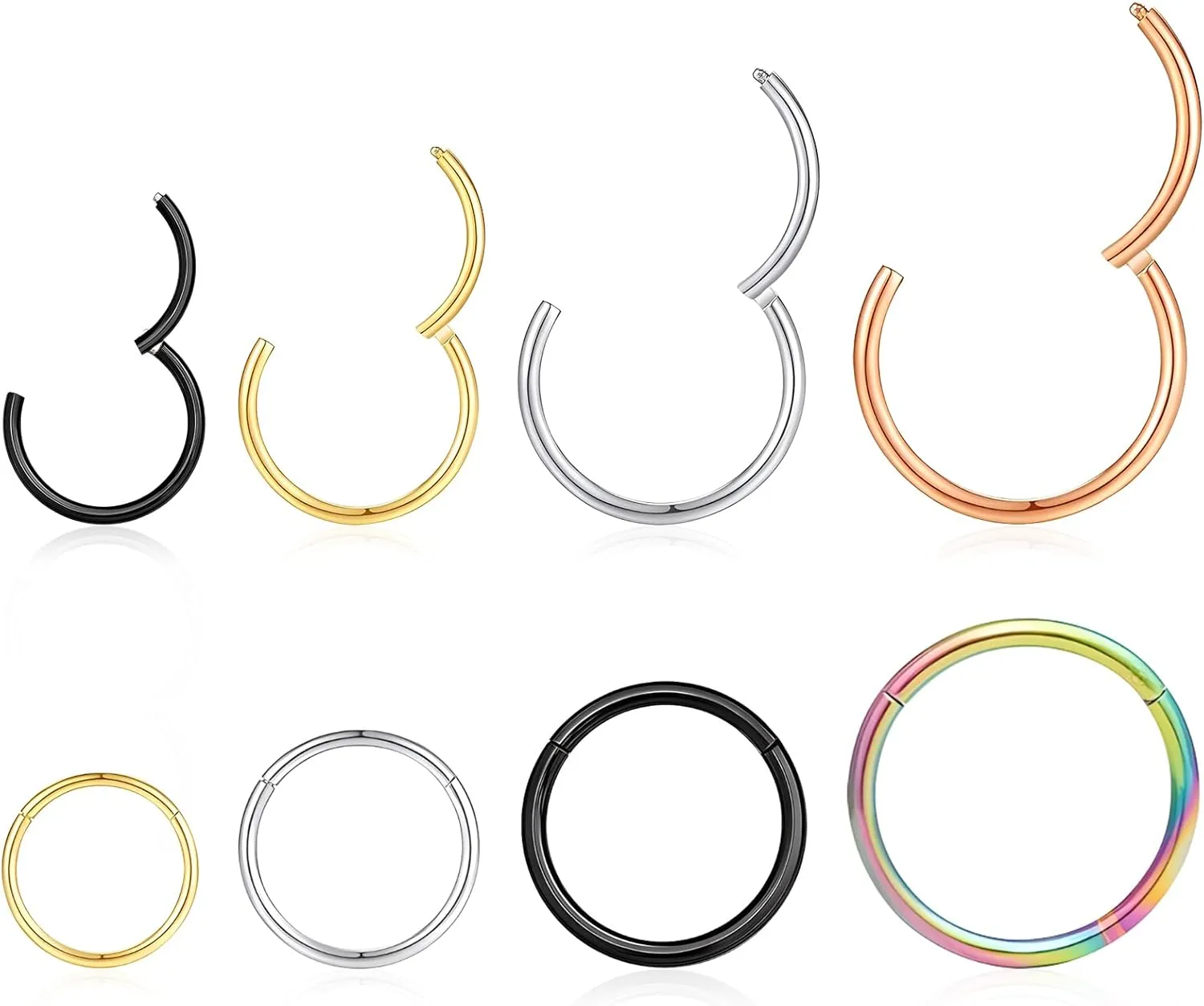 8Pcs 18G Nose Rings Hoops Set Surgical Stainless Steel Nose Piercing Jewelry for Women Men Hinged Clicker Hypoallergenic Septum Nose Lip Rings 6mm 8mm 10mm 12mm