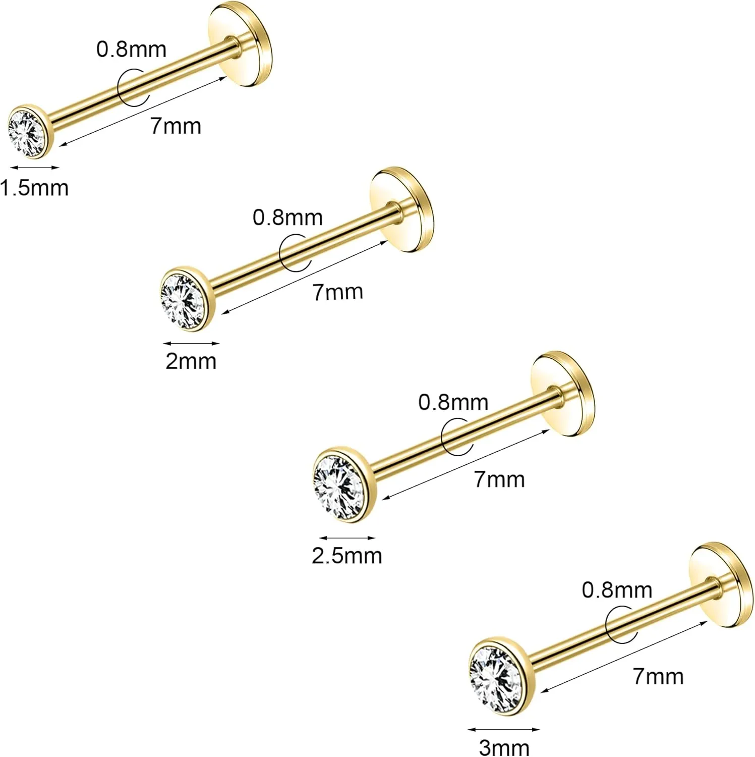 8Pcs 20G 18G Threadless Push in Nose Stud Rings for Women Men Stainless Steel Nose Studs Nostril Piercing Jewelry CZ Nose Rings Studs 1.5MM 2MM 2.5MM 3MM Black Silver Gold Bar Length 7mm 5mm