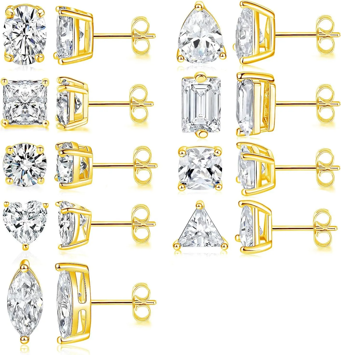 9 Pairs Stud Earrings Set 18K White/Yellow Gold Hypoallergenic Cubic Zirconia Round Square Teardrop Eye Heart CZ 4 Prong Stud Earring for Women and Men 6-11mm