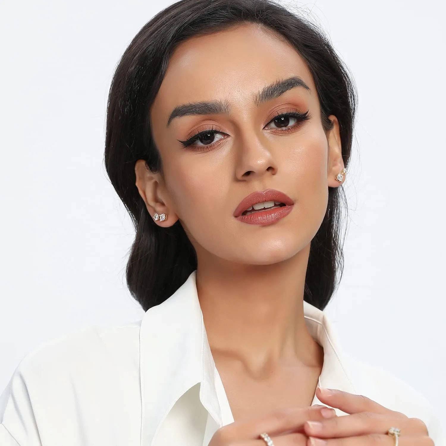 9 Pairs Stud Earrings Set 18K White/Yellow Gold Hypoallergenic Cubic Zirconia Round Square Teardrop Eye Heart CZ 4 Prong Stud Earring for Women and Men 6-11mm