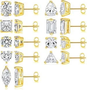 9 Pairs Stud Earrings Set 18K White/Yellow Gold Hypoallergenic Cubic Zirconia Round Square Teardrop Eye Heart CZ 4 Prong Stud Earring for Women and Men 6-11mm