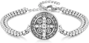 925 Sterling Silver Catholic Patron Saint Medal Bracelet with Stainless Steel Double Chain 7" 2"
