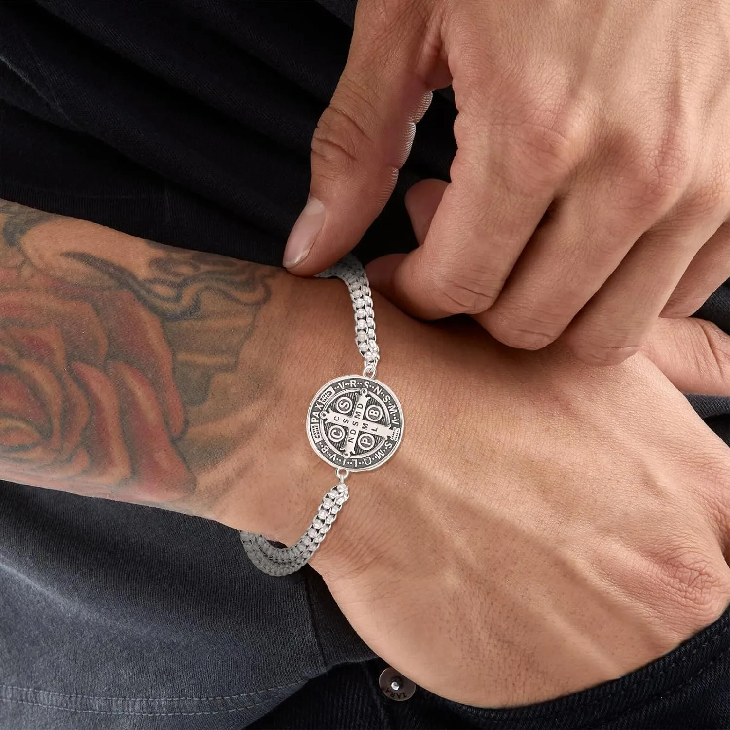 925 Sterling Silver Catholic Patron Saint Medal Bracelet with Stainless Steel Double Chain 7" 2"