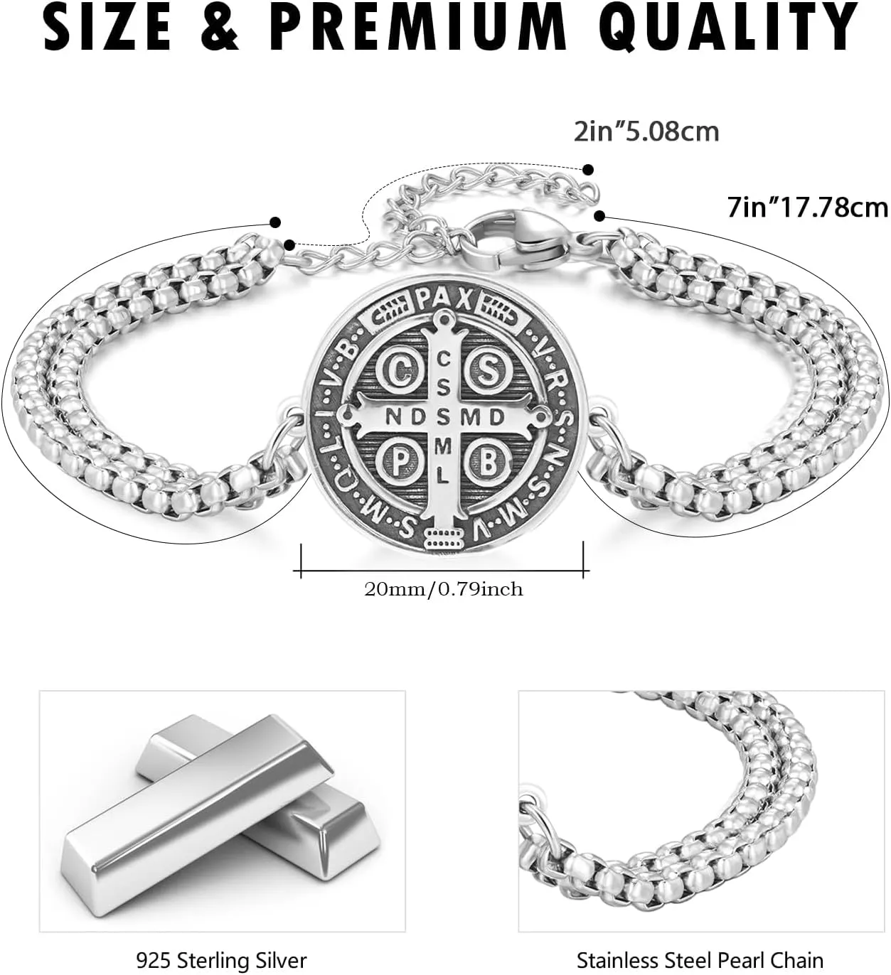 925 Sterling Silver Catholic Patron Saint Medal Bracelet with Stainless Steel Double Chain 7" 2"