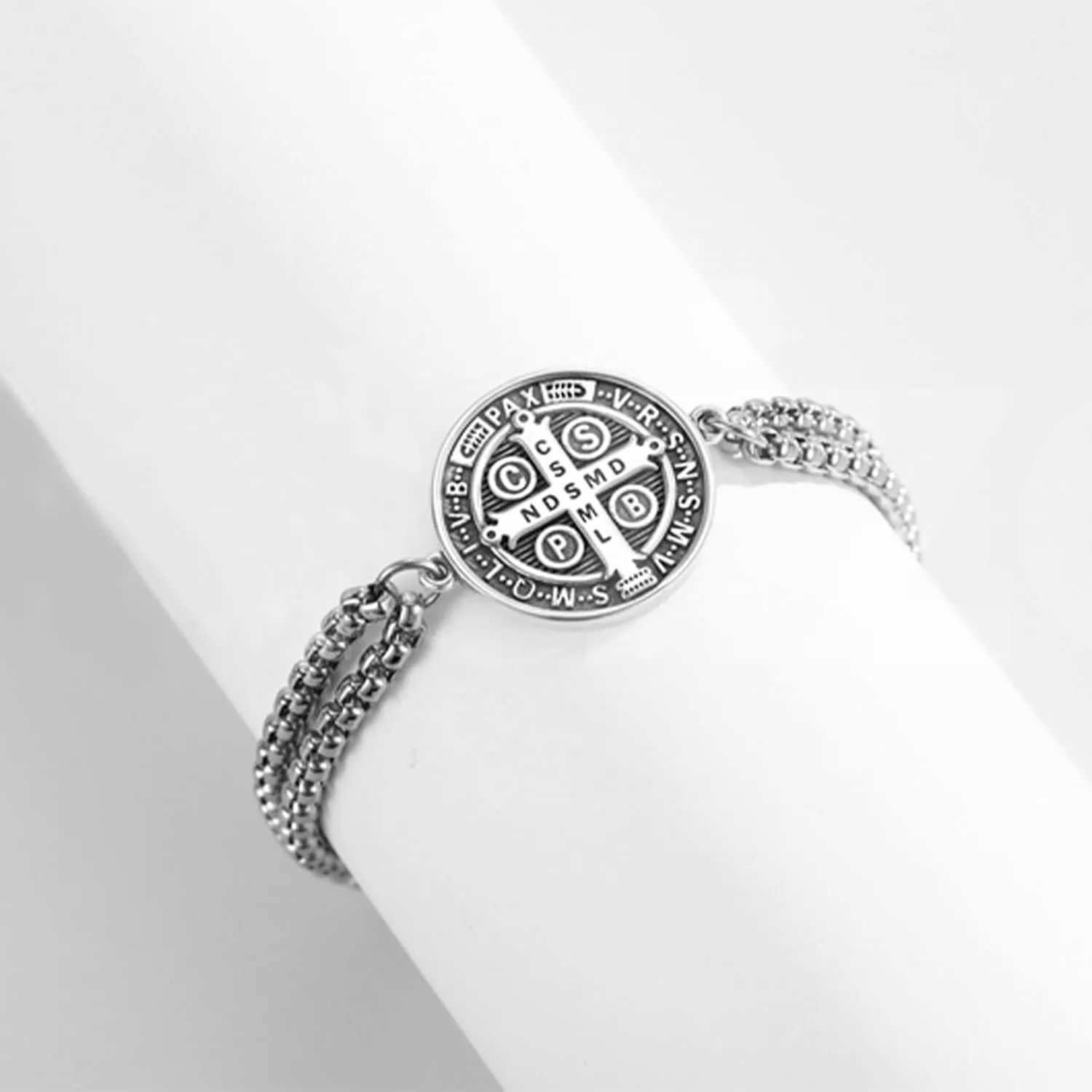 925 Sterling Silver Catholic Patron Saint Medal Bracelet with Stainless Steel Double Chain 7" 2"