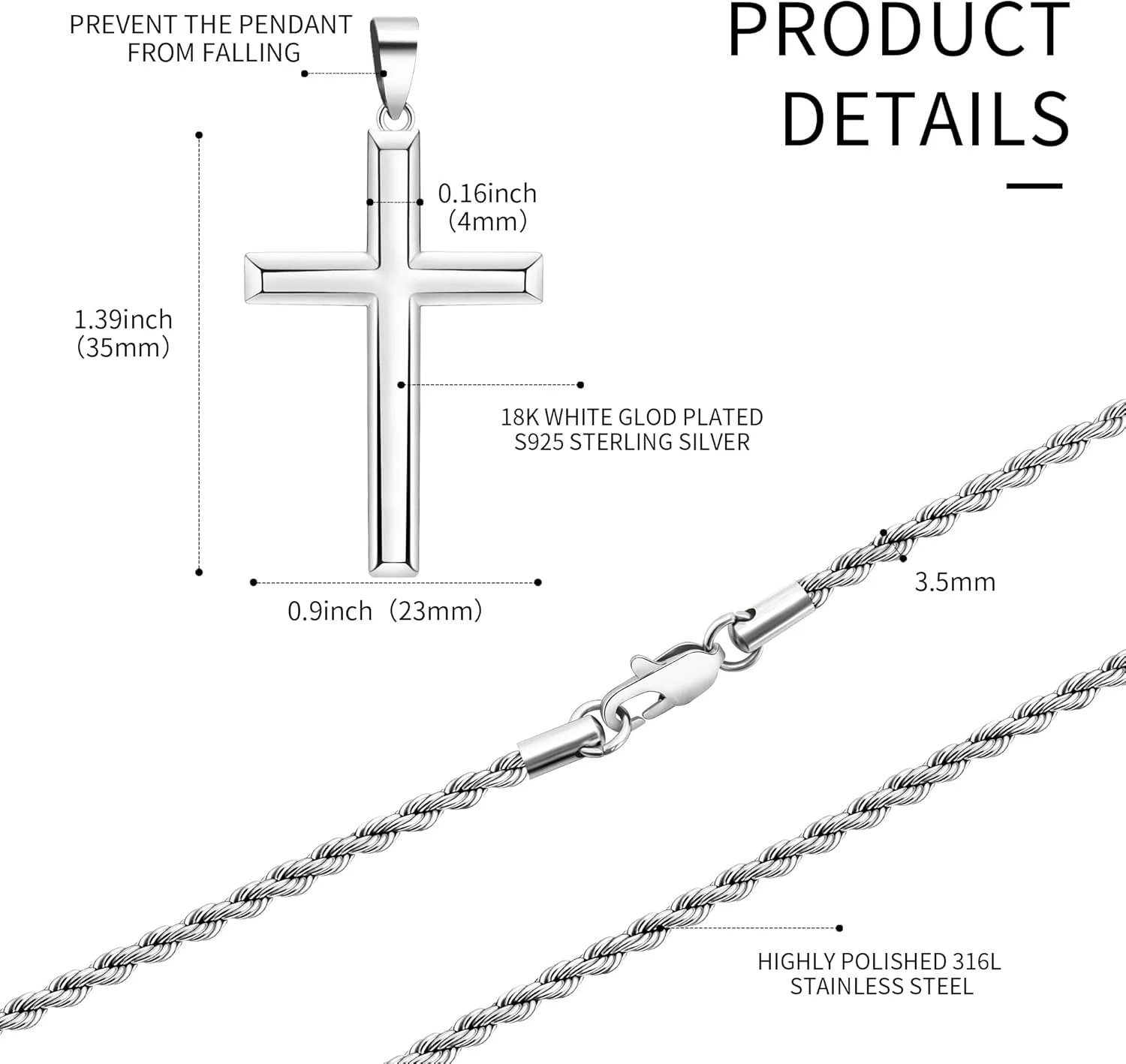 925 Sterling Silver Cross Pendant Necklace for Men Women with 3.5mm Stainless Steel Clasp Rope Twist Chain 18K White Gold Plated Highly Polished 16-28 Inches