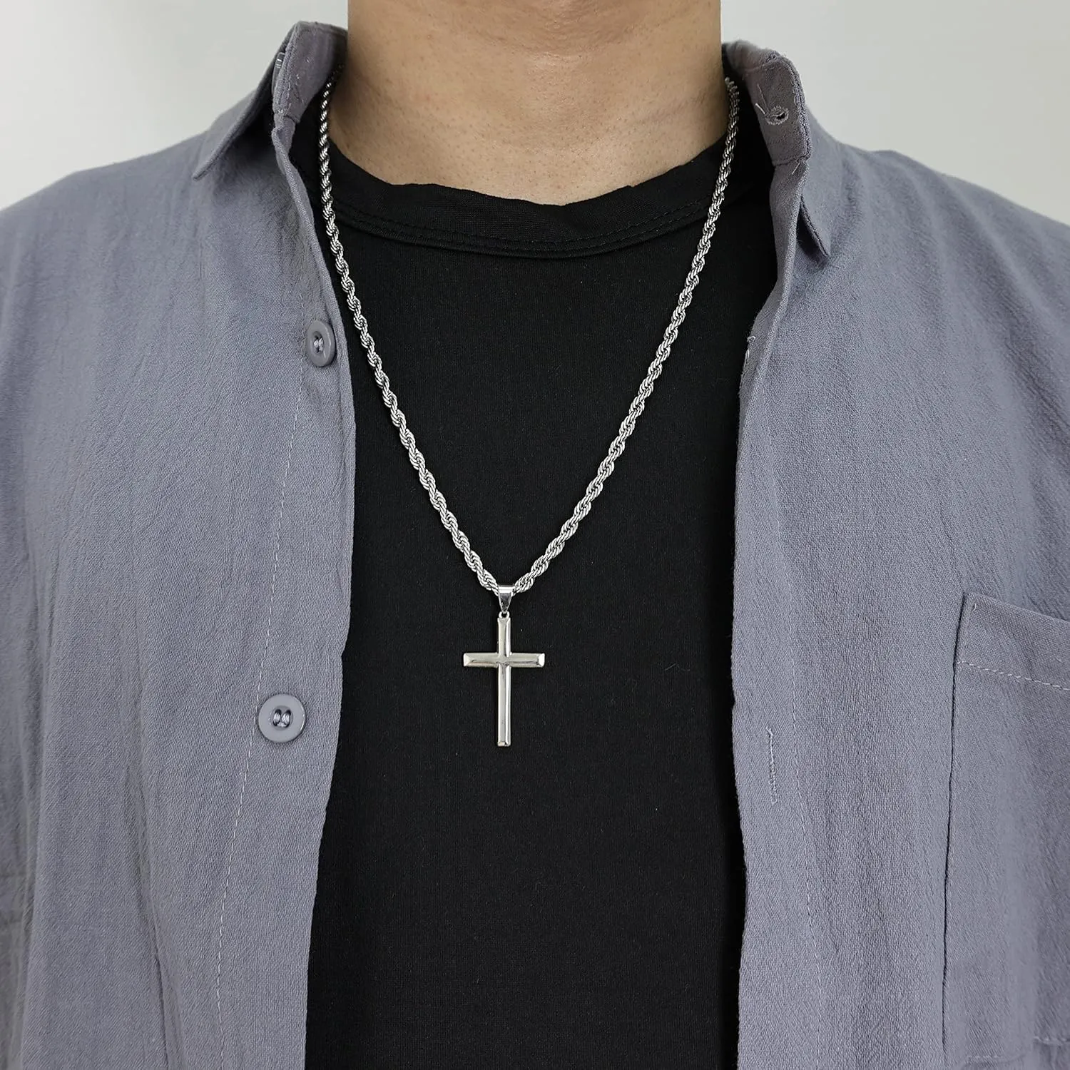 925 Sterling Silver Cross Pendant Necklace for Men Women with 3.5mm Stainless Steel Clasp Rope Twist Chain 18K White Gold Plated Highly Polished 16-28 Inches