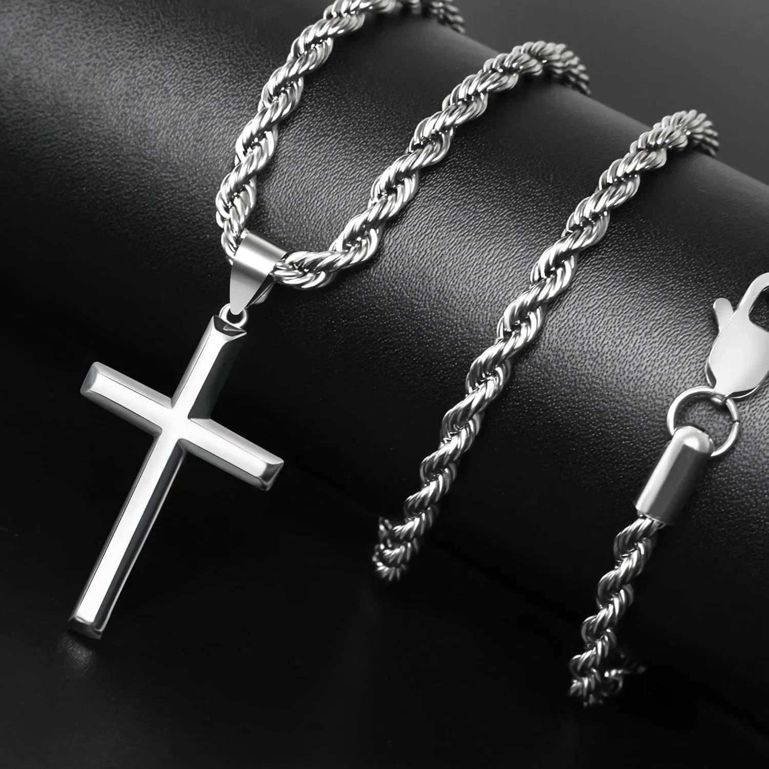 925 Sterling Silver Cross Pendant Necklace for Men Women with 3.5mm Stainless Steel Clasp Rope Twist Chain 18K White Gold Plated Highly Polished 16-28 Inches
