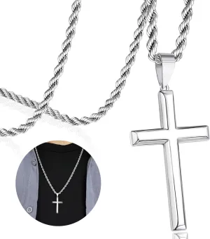925 Sterling Silver Cross Pendant Necklace for Men Women with 3.5mm Stainless Steel Clasp Rope Twist Chain 18K White Gold Plated Highly Polished 16-28 Inches