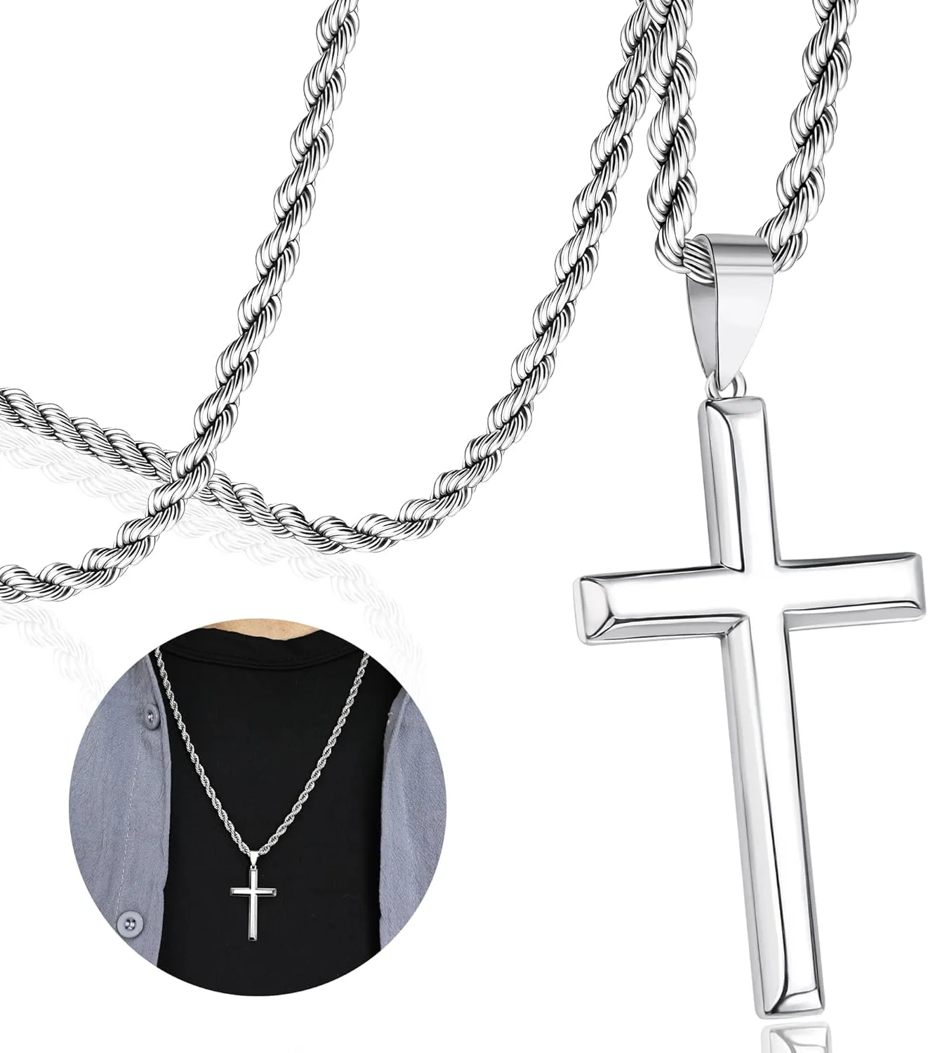 925 Sterling Silver Cross Pendant Necklace for Men Women with 3.5mm Stainless Steel Clasp Rope Twist Chain 18K White Gold Plated Highly Polished 16-28 Inches