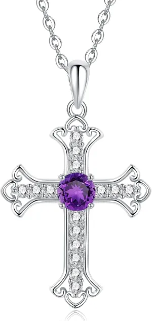 925 Sterling Silver Cubic Zirconia Birthstone Cross Pendant Necklaces for Women, Silver Women's Cross Necklace, with 18" 2" extender chain