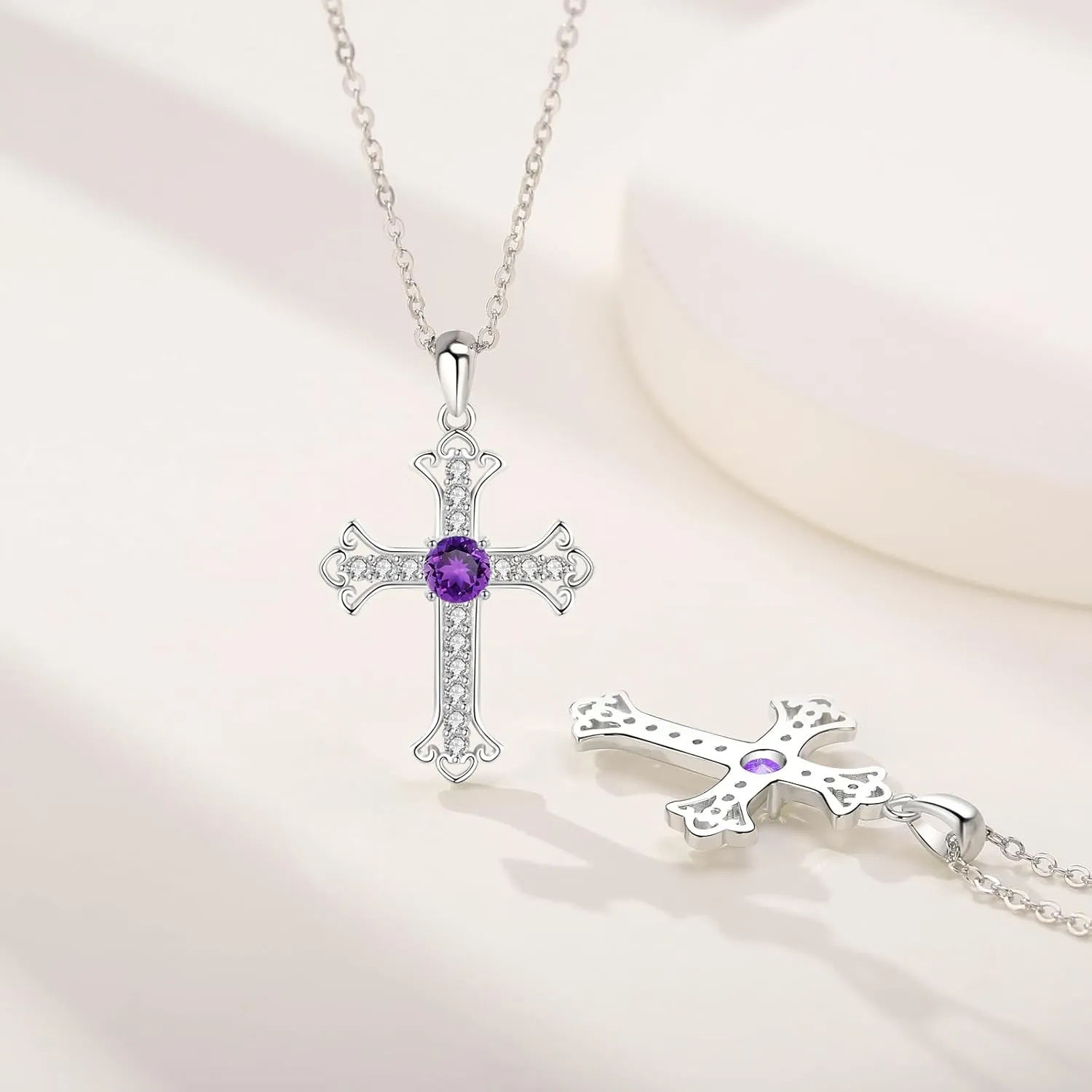925 Sterling Silver Cubic Zirconia Birthstone Cross Pendant Necklaces for Women, Silver Women's Cross Necklace, with 18" 2" extender chain