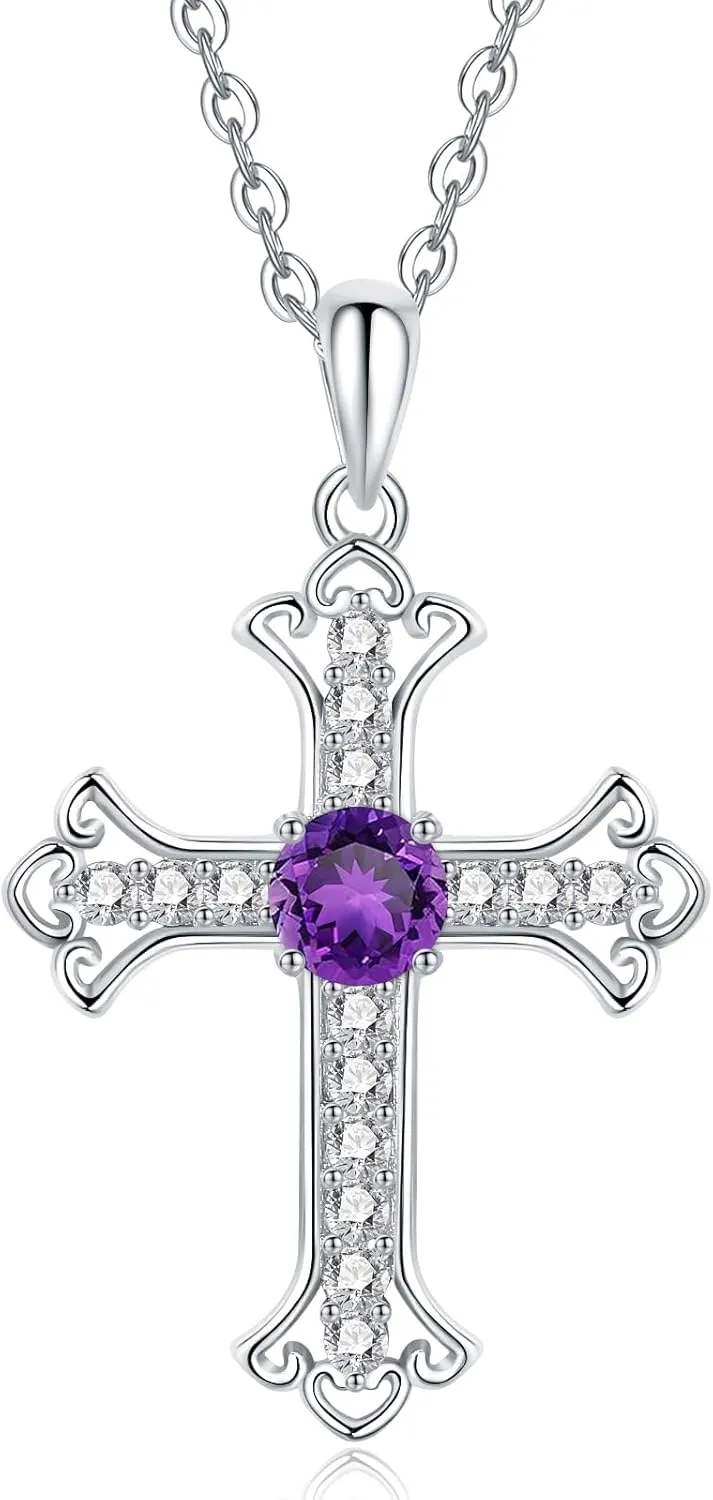 925 Sterling Silver Cubic Zirconia Birthstone Cross Pendant Necklaces for Women, Silver Women's Cross Necklace, with 18" 2" extender chain