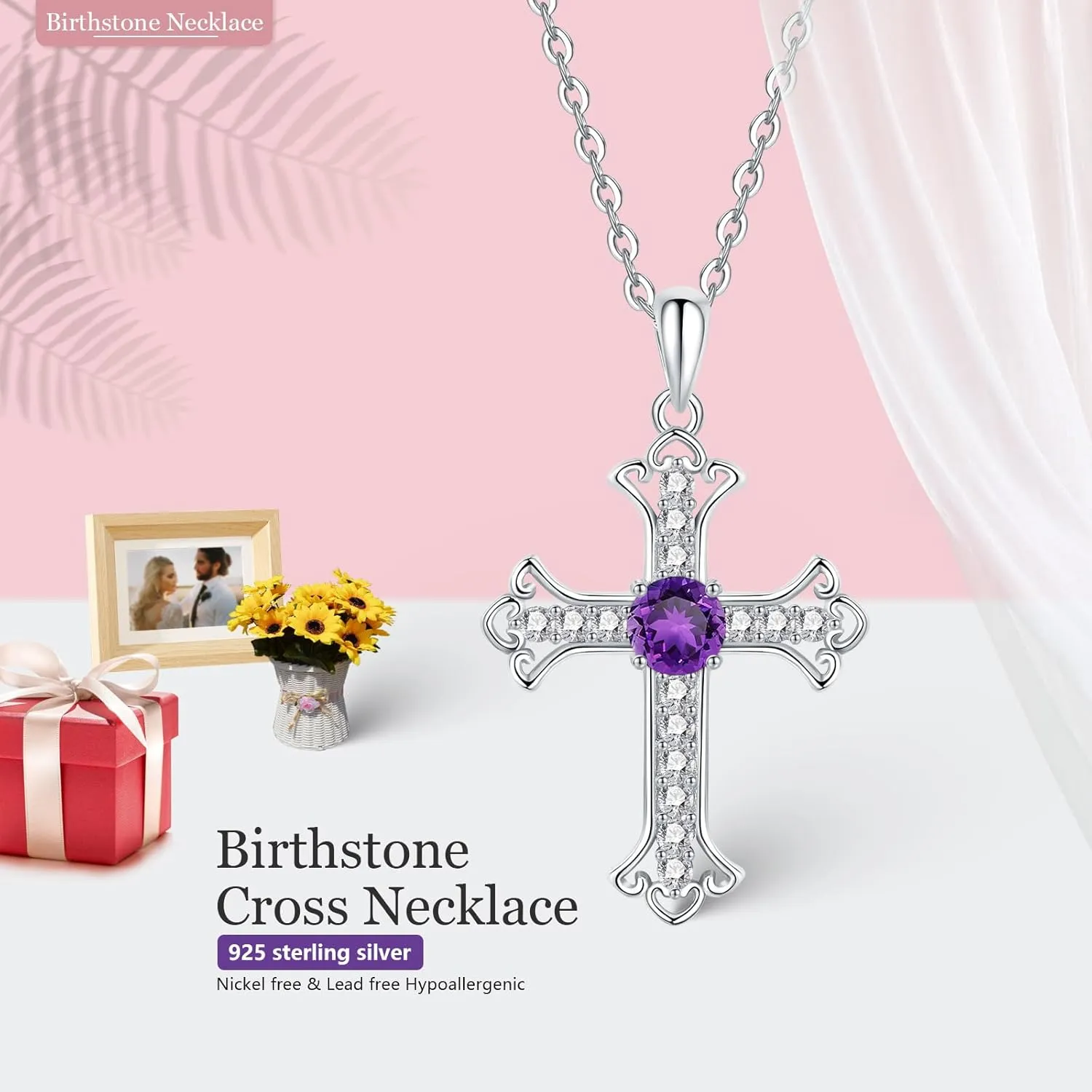 925 Sterling Silver Cubic Zirconia Birthstone Cross Pendant Necklaces for Women, Silver Women's Cross Necklace, with 18" 2" extender chain