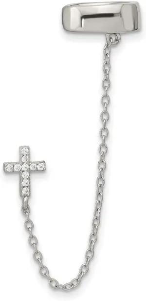 925 Sterling Silver Rhodium Plated CZ Religious Faith Cross With 2 Inch Chain Single Post and Cuff Earrings 66.5x11.05mm Wide Ear-Cuff for Women and Men