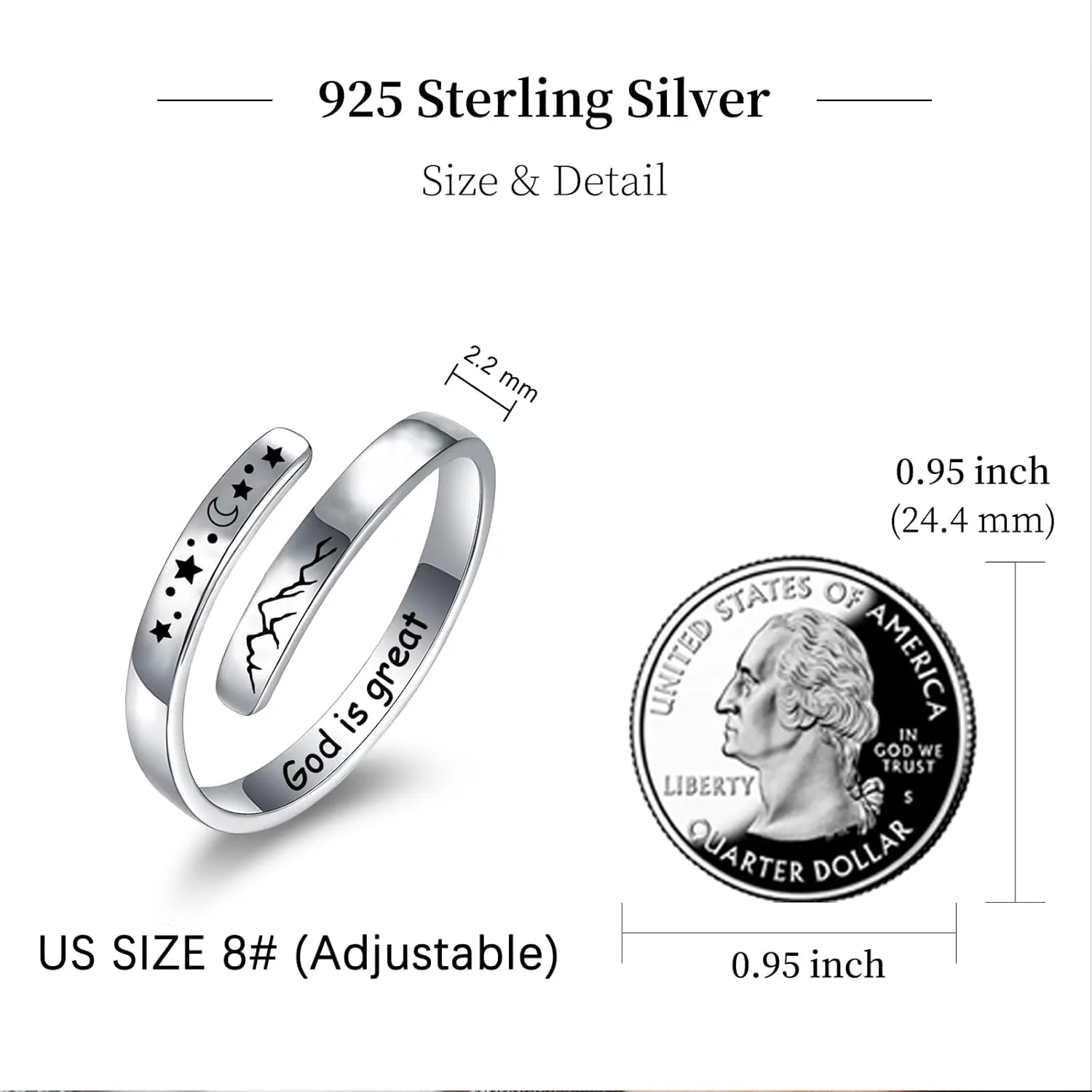 925 Sterling Silver Rings Inspirational Jewelry for Women Faith Cross Ring Gifts for Daughter Friend Faith Over Fear Wrap Open Ring Adjustable