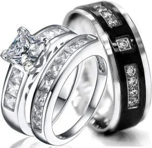 925 Sterling Silver Rings Set  1.24ct Princess Cut Cubic Zirconia Rings for Women and Men  3-Pc Engagement Matching Rings for Couples  Premium Wedding Rings Set for Him and Her