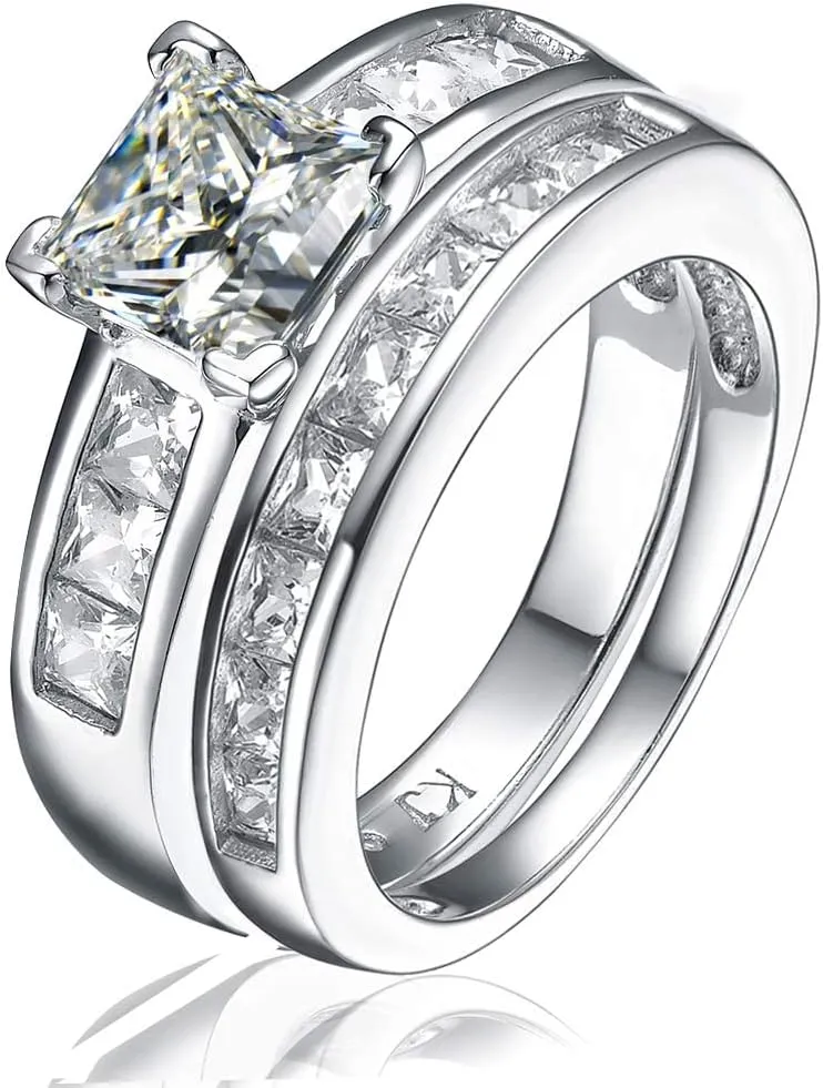 925 Sterling Silver Rings Set  1.24ct Princess Cut Cubic Zirconia Rings for Women and Men  3-Pc Engagement Matching Rings for Couples  Premium Wedding Rings Set for Him and Her