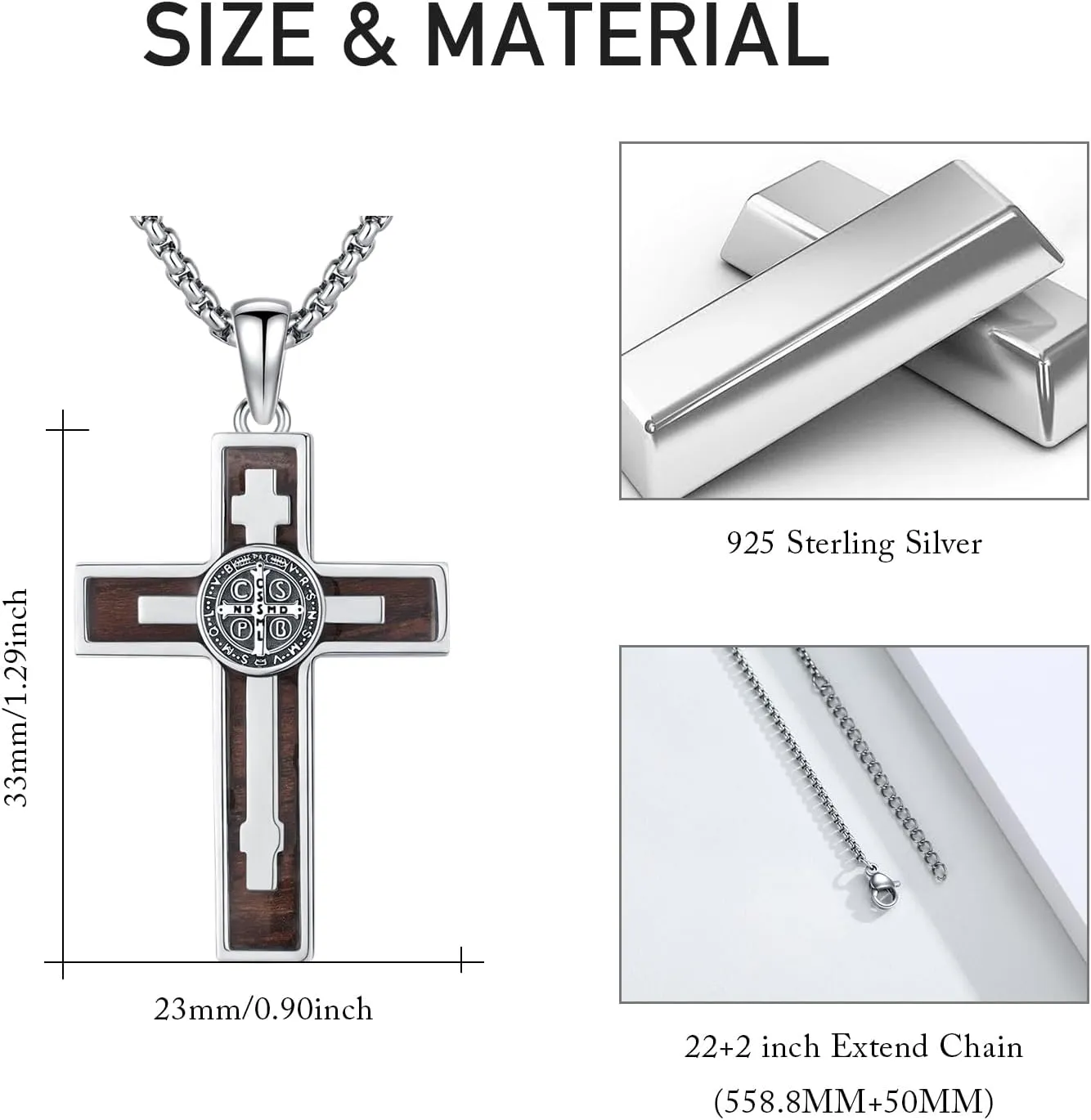 925 Sterling Silver Wooden Cross Necklace with Stainless Steel Chain