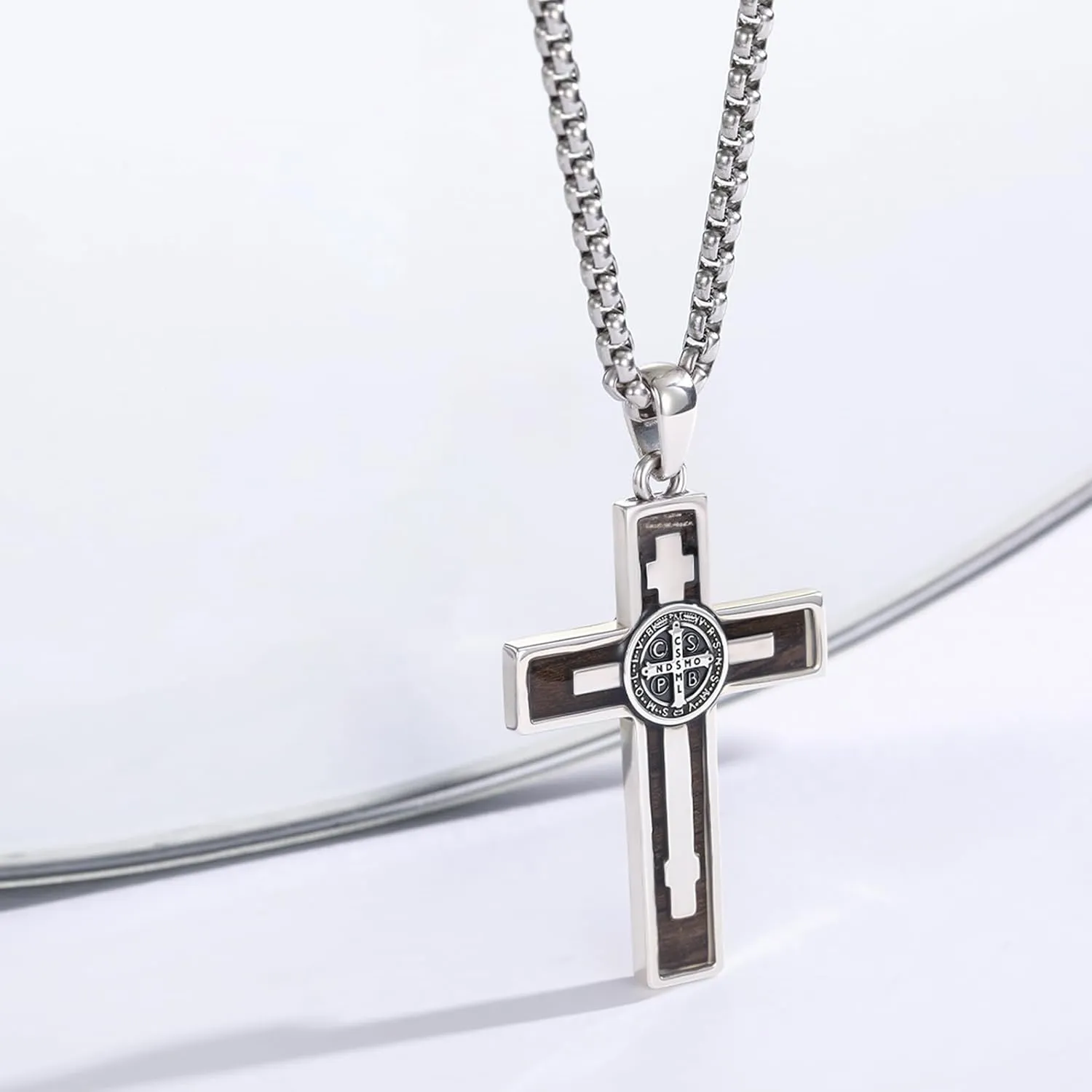 925 Sterling Silver Wooden Cross Necklace with Stainless Steel Chain