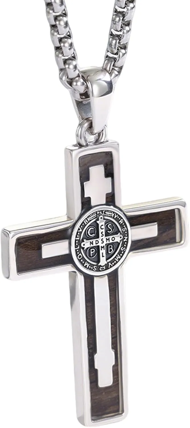 925 Sterling Silver Wooden Cross Necklace with Stainless Steel Chain