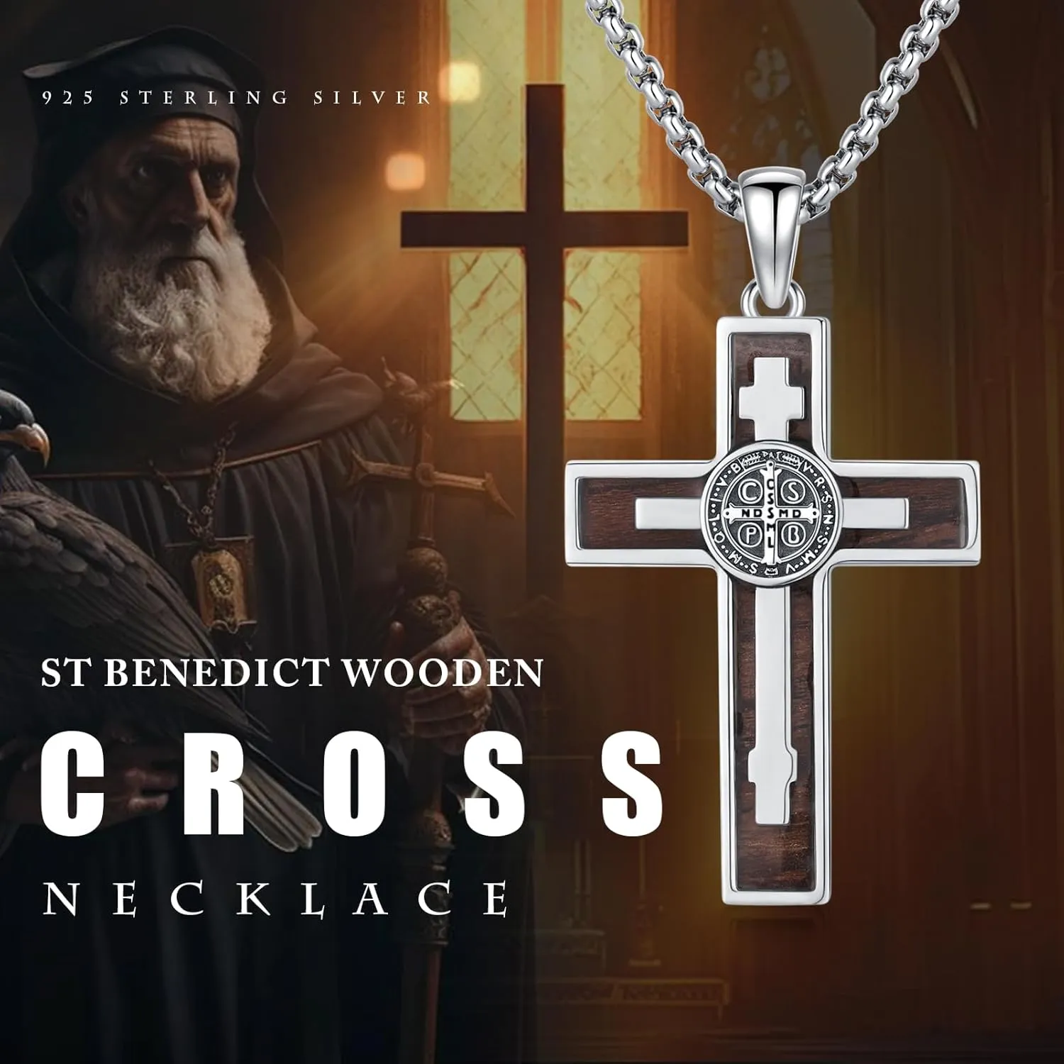 925 Sterling Silver Wooden Cross Necklace with Stainless Steel Chain