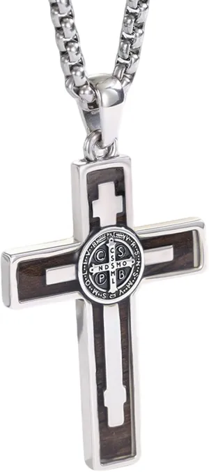 925 Sterling Silver Wooden Cross Necklace with Stainless Steel Chain